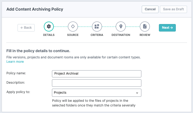 Content_lifecyle - Add archive policy first page - Project selected.png