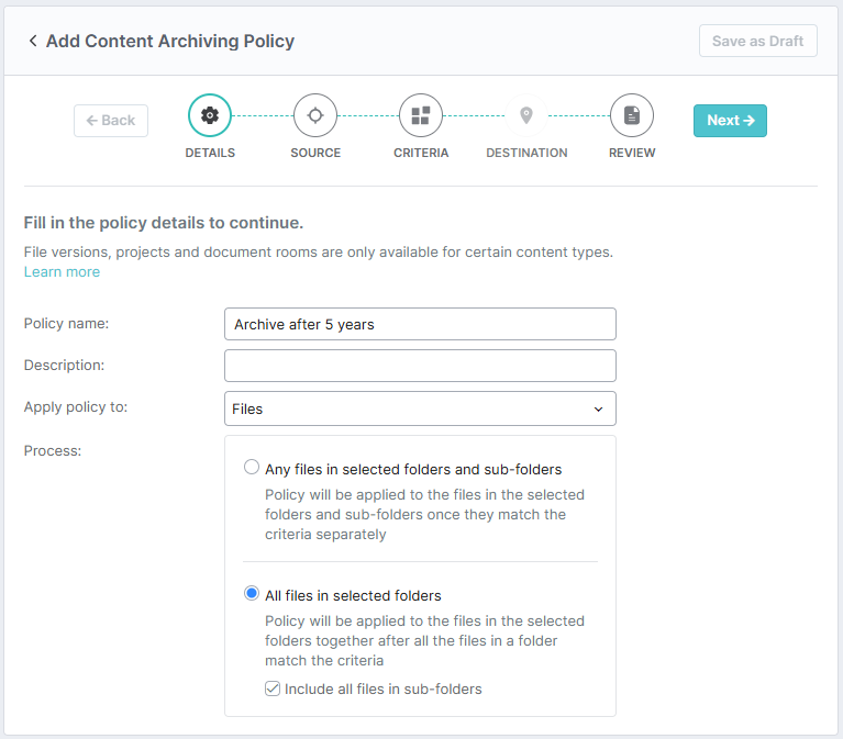 Content_lifecyle - Add archive policy first page - File selected.png