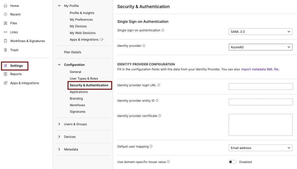 Azure SSO - Access SSO configuration in Egnyte.png