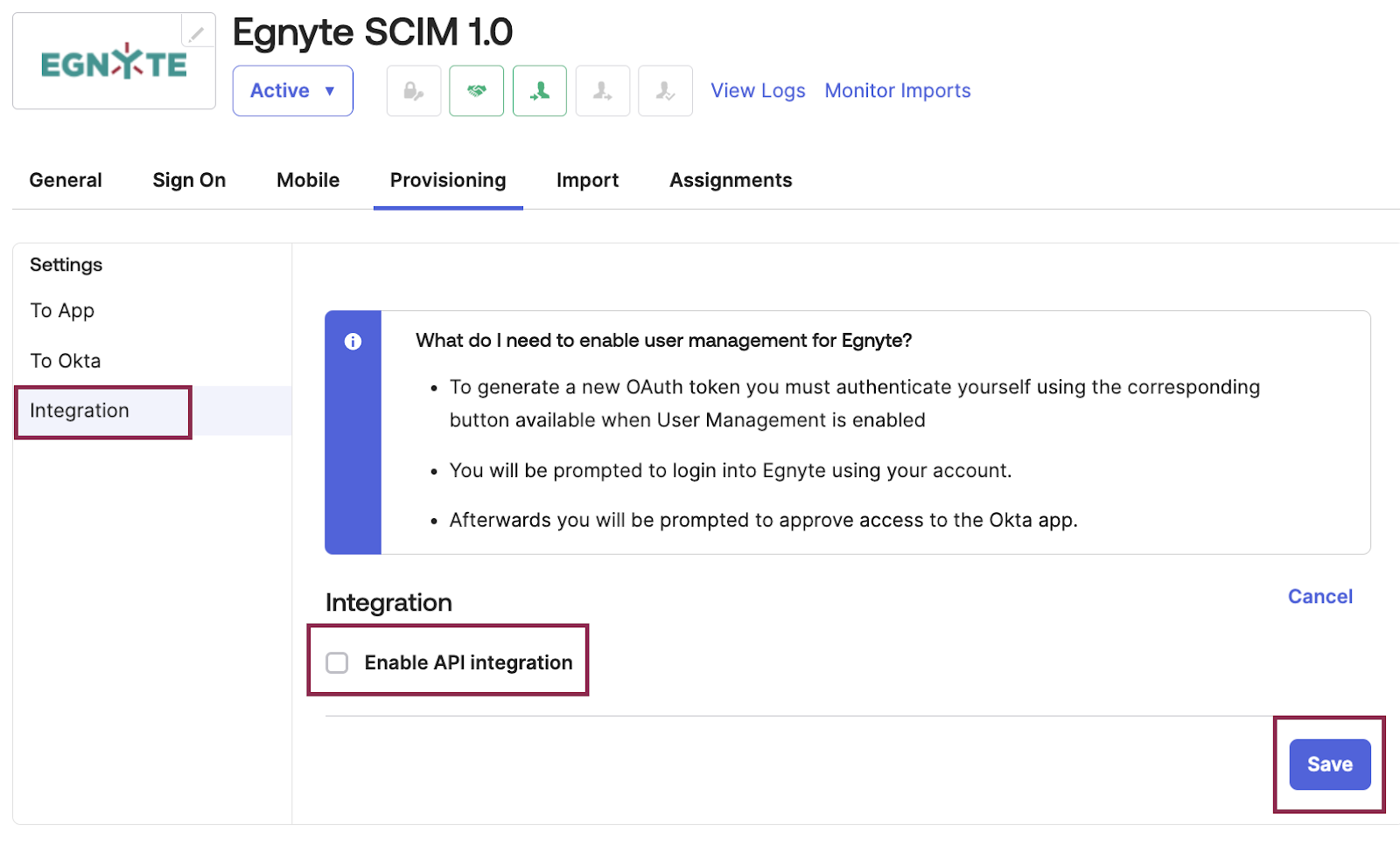 Okta SCIM - unselect enable integration SCIM 1.0.png