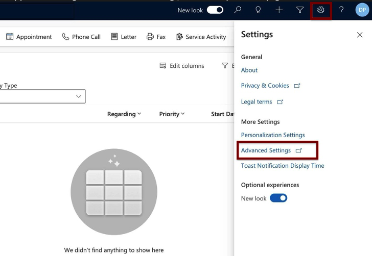Dynamics - CRM dashboard - access advanced Settings.png