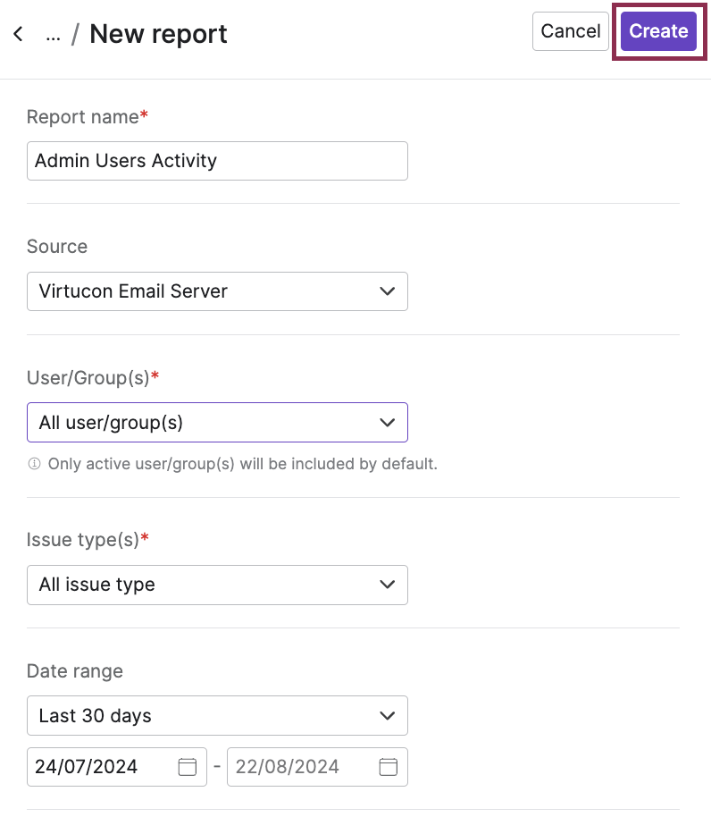 User activity issues report - create.png