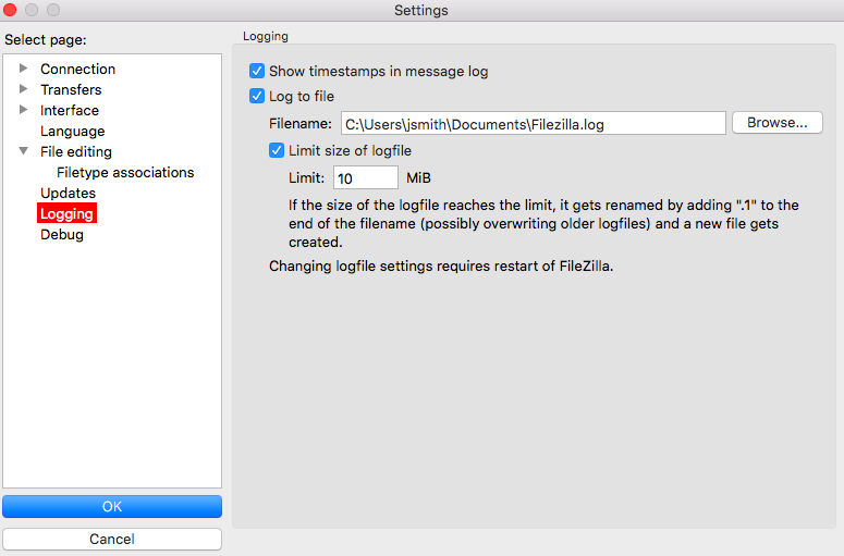 where are the settings for filezilla on a mac